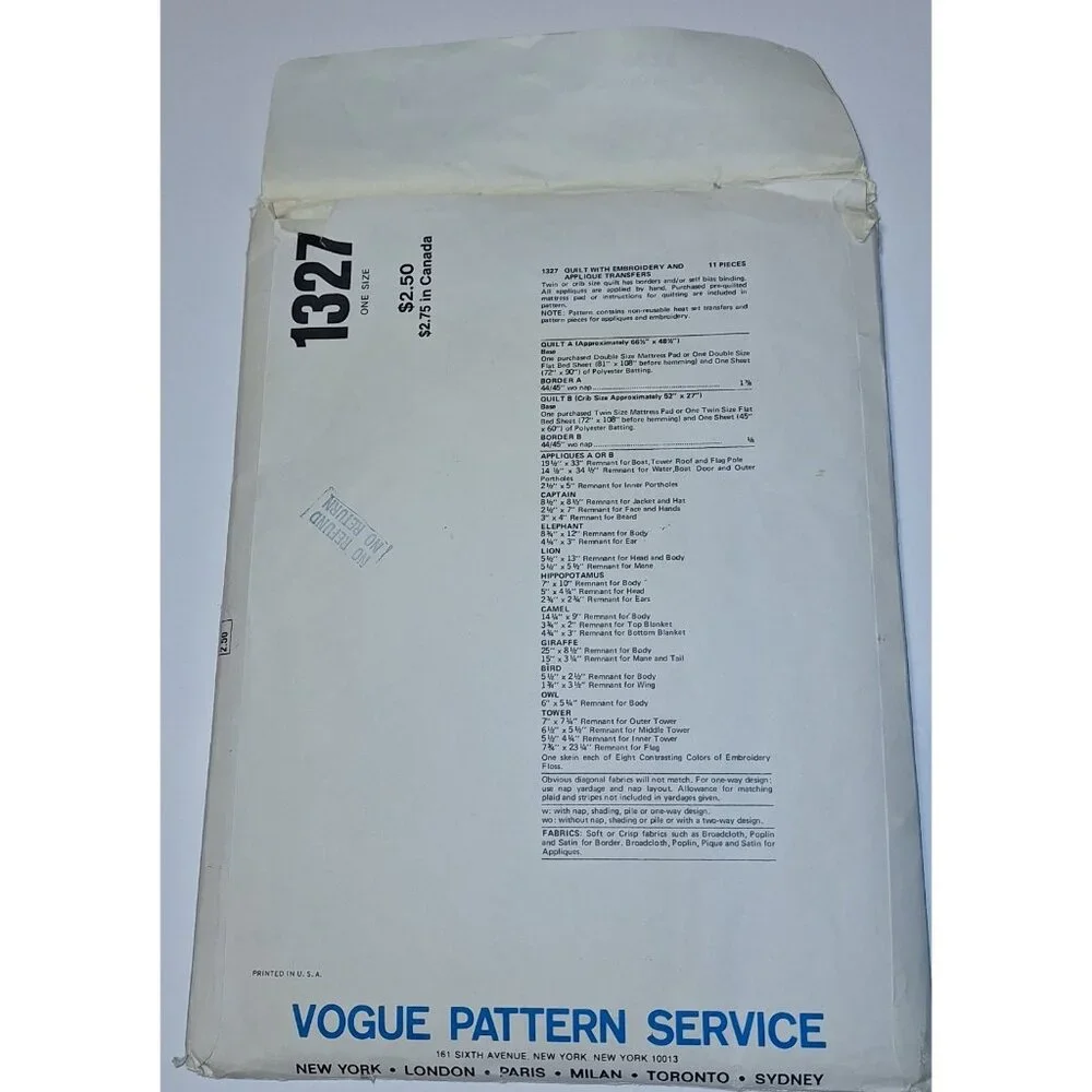 Little Vogue 1327 Noahs Ark Twin or Crib‎ Quilt Uncut pattern